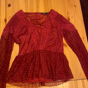BKE Boutique Sheer Lace Up Neckline Blouse Size M